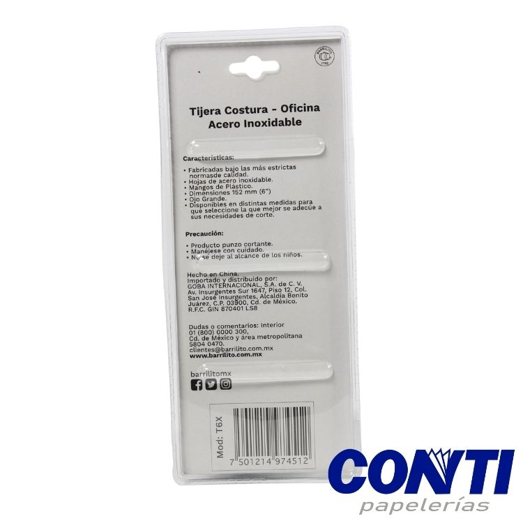 Tijera costura y oficina Barrilito 6" Multicolor C/1 T6x