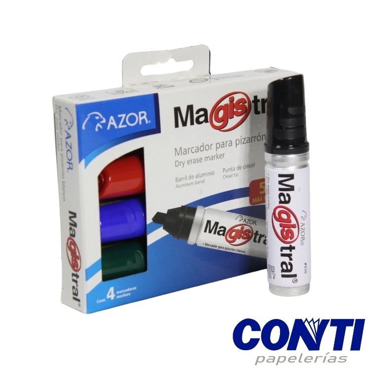 [3] Marcador pizarrón punta cincel Magistral Azor 6mm Multicolor C/4 830-4