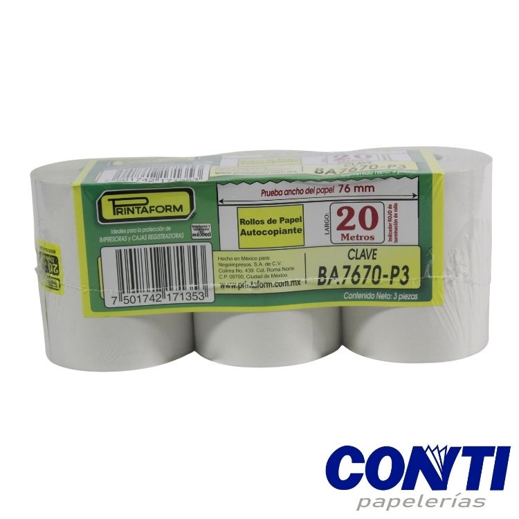 Rollo papel bond Autocopiante Printaform 76mmx70mm BA7670