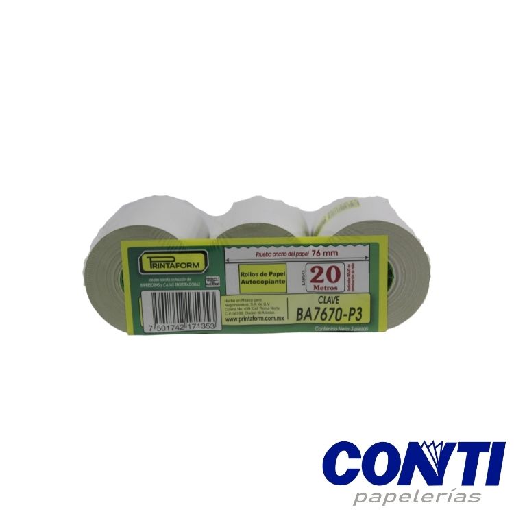 Rollo papel bond Autocopiante Printaform 76mmx70mm BA7670