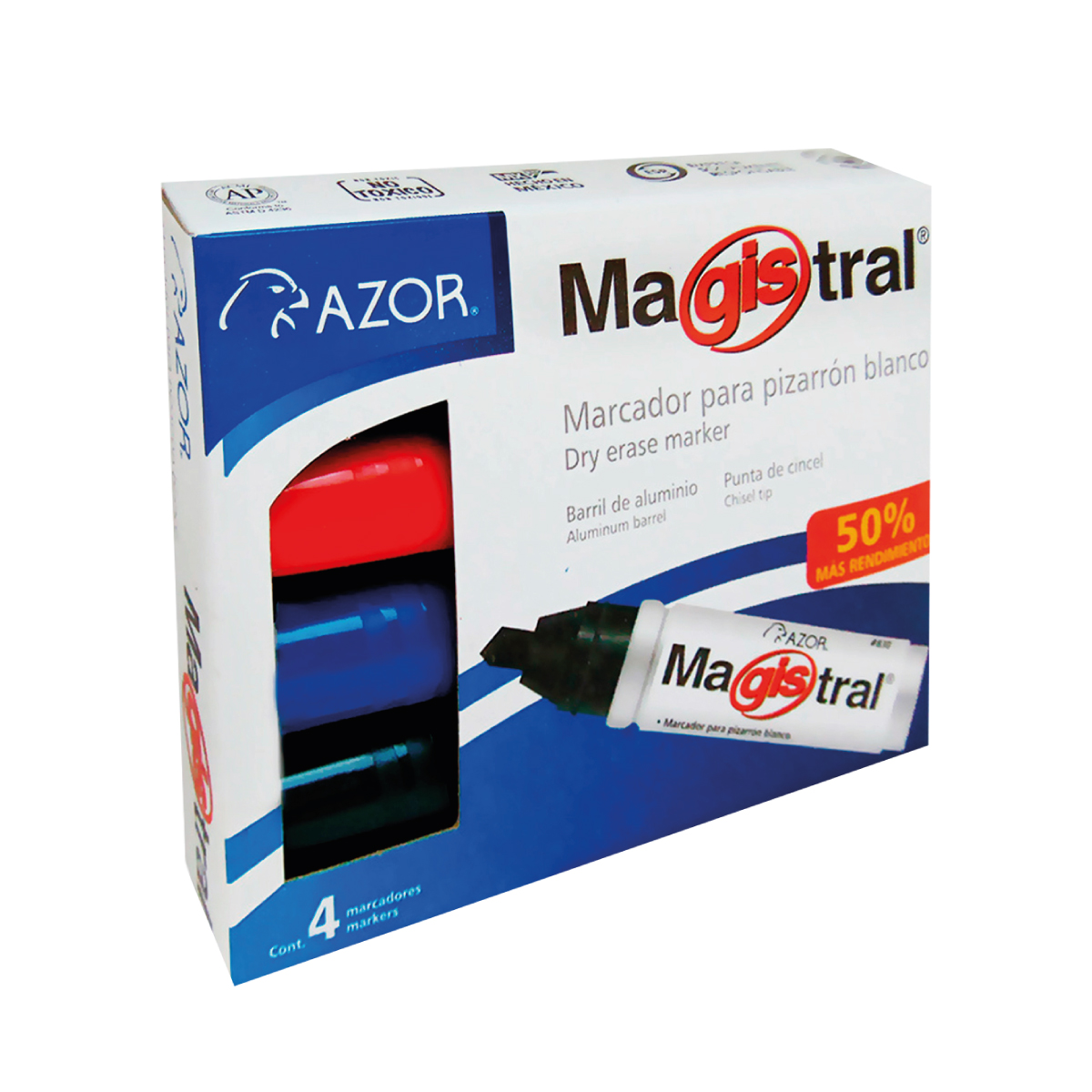 [4] Marcador pizarrón punta cincel Magistral Azor 6mm Multicolor C/4 830-4