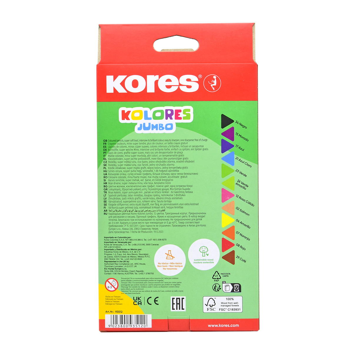 [6] Colores unipunta triangulares +1 sacapuntas Kores Largos Multicolor C/12